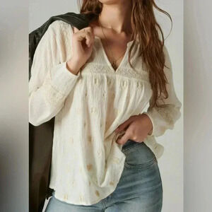 Lucky Brand long sleeve bohemian smocked peasant linen cotton blend shirt  S